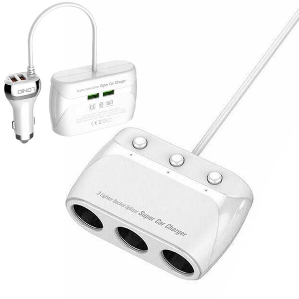 LDNIO C504 Dual QC3.0 Fast Car Charger With 3 Slot Socket Adapter