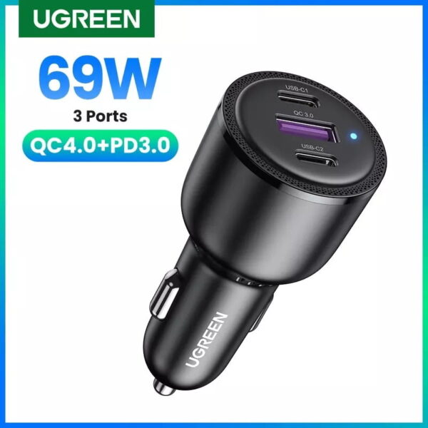UGREEN Car Chargers 69W QC3.0 Quick Charger 1X USB 2x Type-C Car Cigarette Lighter Adapter 20467