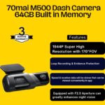 70mai M500 Dashcam Car Recorder 1944P Night Vision with ADAS (Chinese Version) 64GB Internal Storage