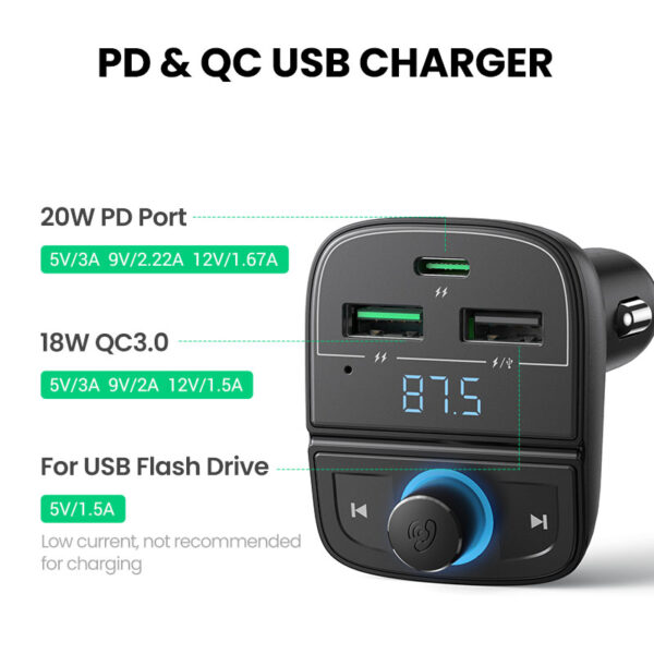 Ugreen Car Charger With FM Modulator PD 2x Usb 1x Type-C Bluetooth QC 3.0 Car Charger 80910 CD229