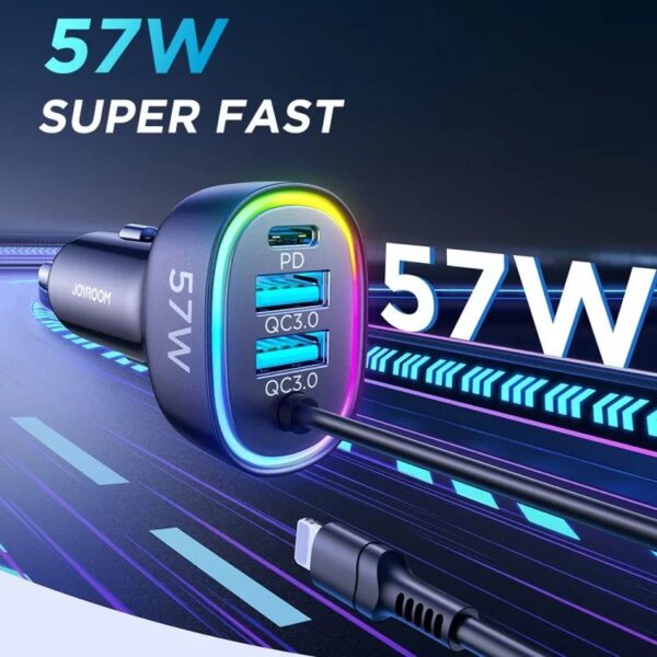 Joyroom Car Charger JR-CL20 57W 4in1 Car Charger With 1.6 Coiled Lightning Cable