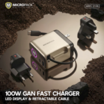 Micropack 100W GaN Fast Charging Wall Charger 4-IN-1 Travel Adapter with LED Display & Retractable Cable MWC-3100 - Titanium Gold US