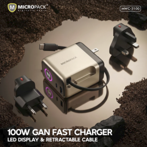 Micropack 100W GaN Fast Charging Wall Charger 4-IN-1 Travel Adapter with LED Display & Retractable Cable MWC-3100 - Titanium Gold US