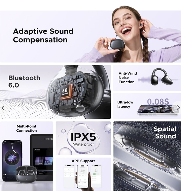 UGREEN ClipBuds Pro Open-ear Wireless Headphones smart AI ANC with 6 Mic - 85185 - Image 5